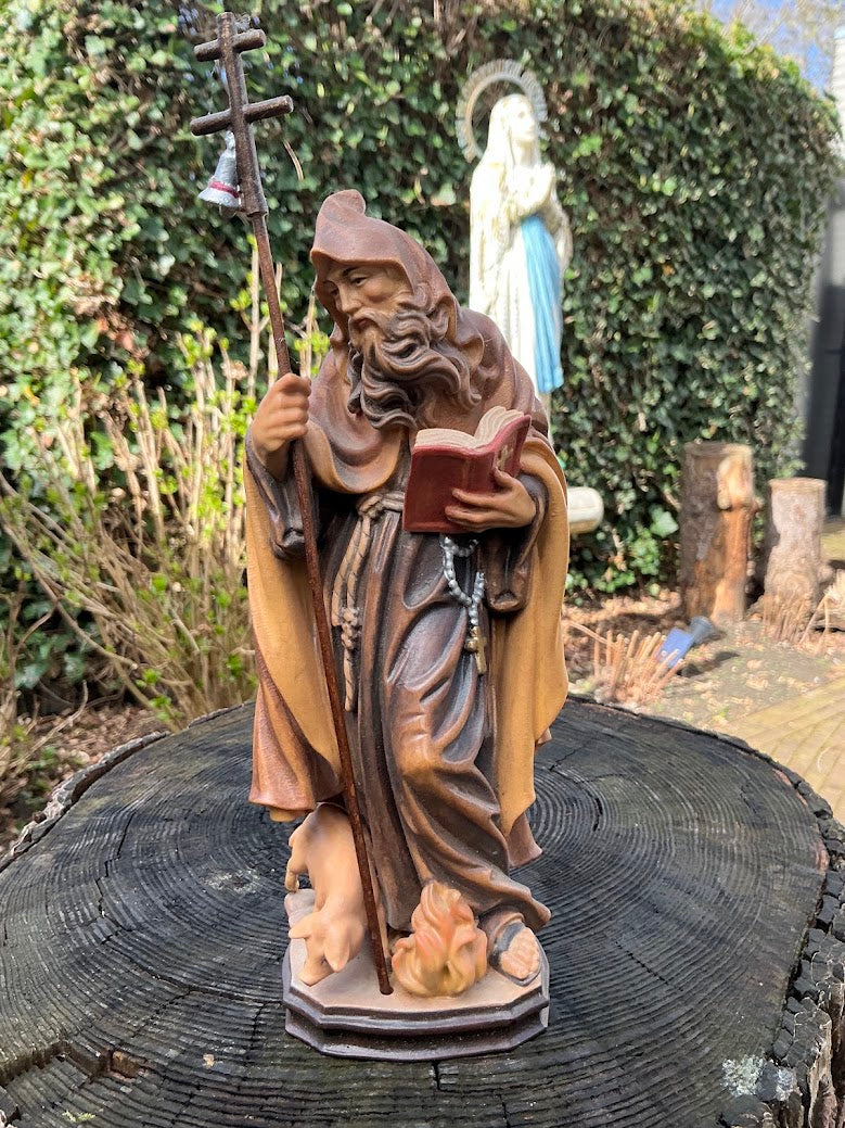 Hand-carved Statue of Saint Anthony Abbot with Pig – Maple Wood – 1970s/80s – Hand-painted Holy Figurine – Religious Woodcarving