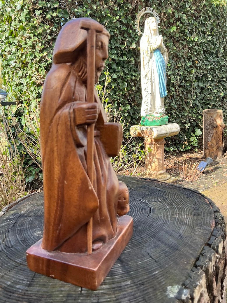 Antiek Houten Beeld Sint-Antonius Abt met Varken – Jaren 30/50 – Handgesneden Religieus Beeld – Katholiek Heiligenbeeld – Vintage Devotie