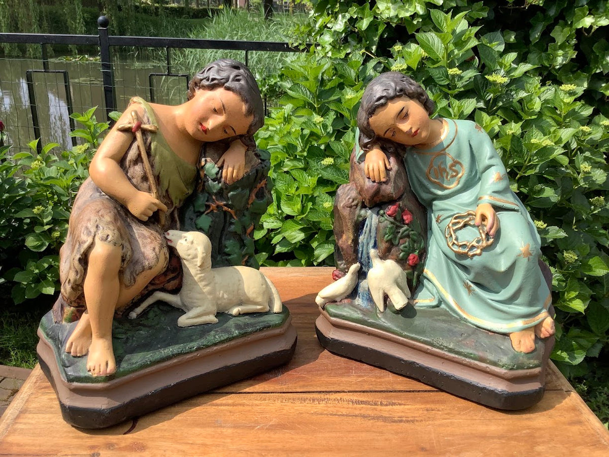 Zeldzame antieke heiligenbeelden Jezus en St Janneke