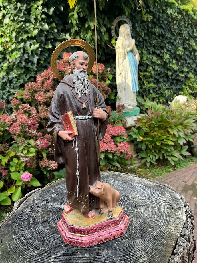 Belgian statue of Saint Anthony the Abbot with a pig