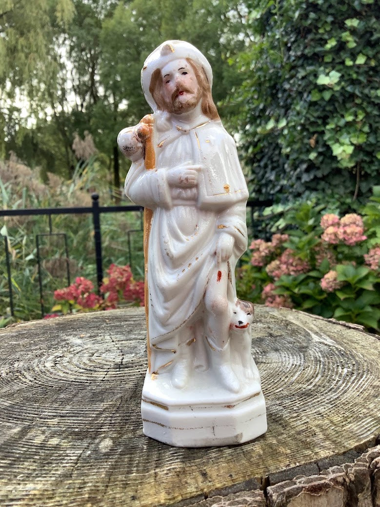 Mooi zeldzaam porseleinen heiligenbeeldje H. Rochus