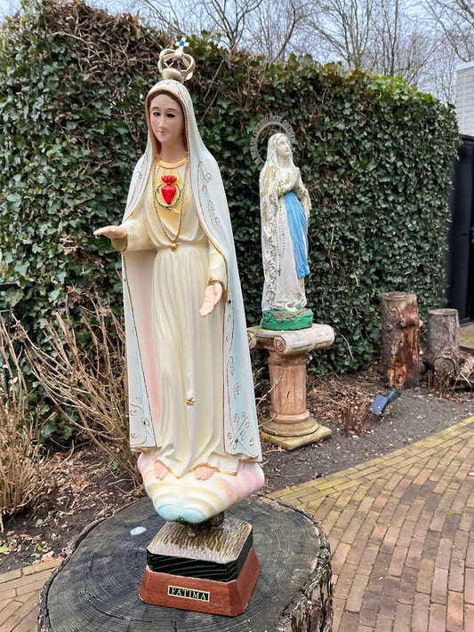 Antique Virgin Mary Statue Our Lady of Fátima Portugal | Plaster Saint Statue Hand-painted Glass Eyes | Vintage Religious Figure 1950s | 52 cm