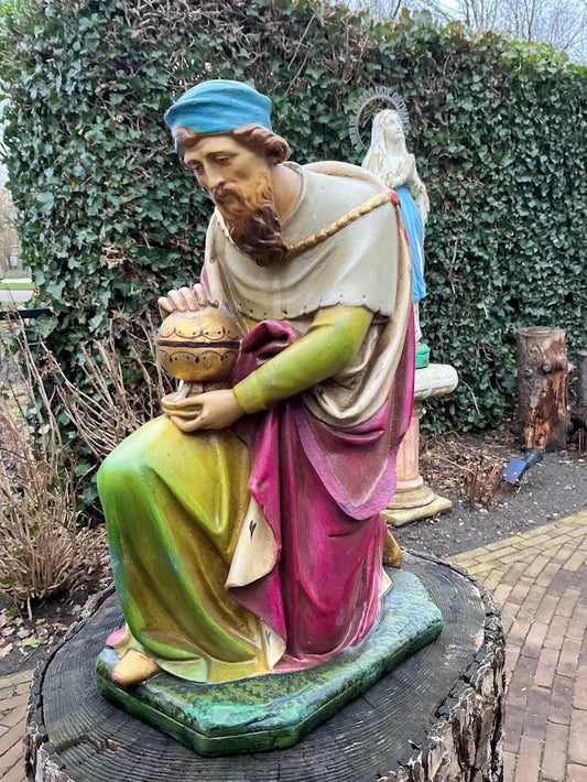 Groot Antiek Kerststal Beeld Driekoning – Jaren 30 – Gerard Linssen Venlo – Zwaar Gips – Wijze uit het Oosten – Vintage Religieus Decor