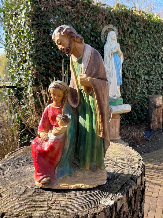 Vintage Beeld Heilige Familie – Jaren 60 – Jozef, Maria & Kindje Jezus – Handbeschilderd Resin/Steen – Religieus Kerstdecor