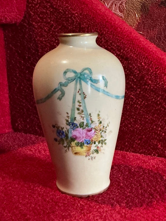 Antieke Handbeschilderde Vaas – 19e Eeuw Frans/Boheems – Vogel Decor met Goudrand – Romantisch Vintage Verzamelobject – Porselein/Glas Vaas