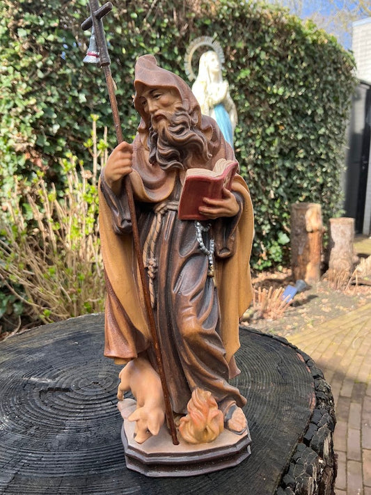 Hand-carved Statue of Saint Anthony Abbot with Pig – Maple Wood – 1970s/80s – Hand-painted Holy Figurine – Religious Woodcarving