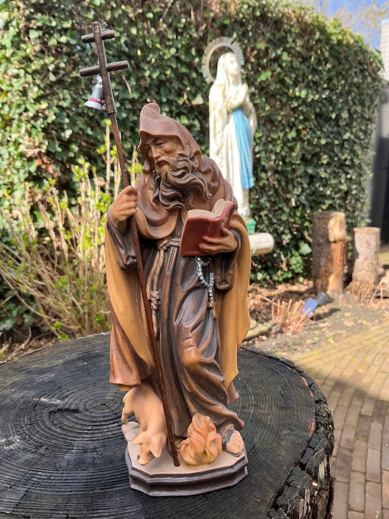 Hand-carved Statue of Saint Anthony Abbot with Pig – Maple Wood – 1970s/80s – Hand-painted Holy Figurine – Religious Woodcarving