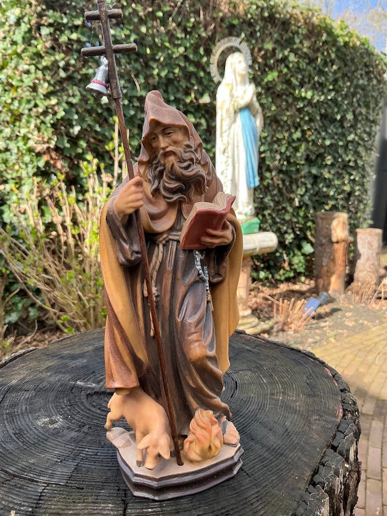 Hand-carved Statue of Saint Anthony Abbot with Pig – Maple Wood – 1970s/80s – Hand-painted Holy Figurine – Religious Woodcarving
