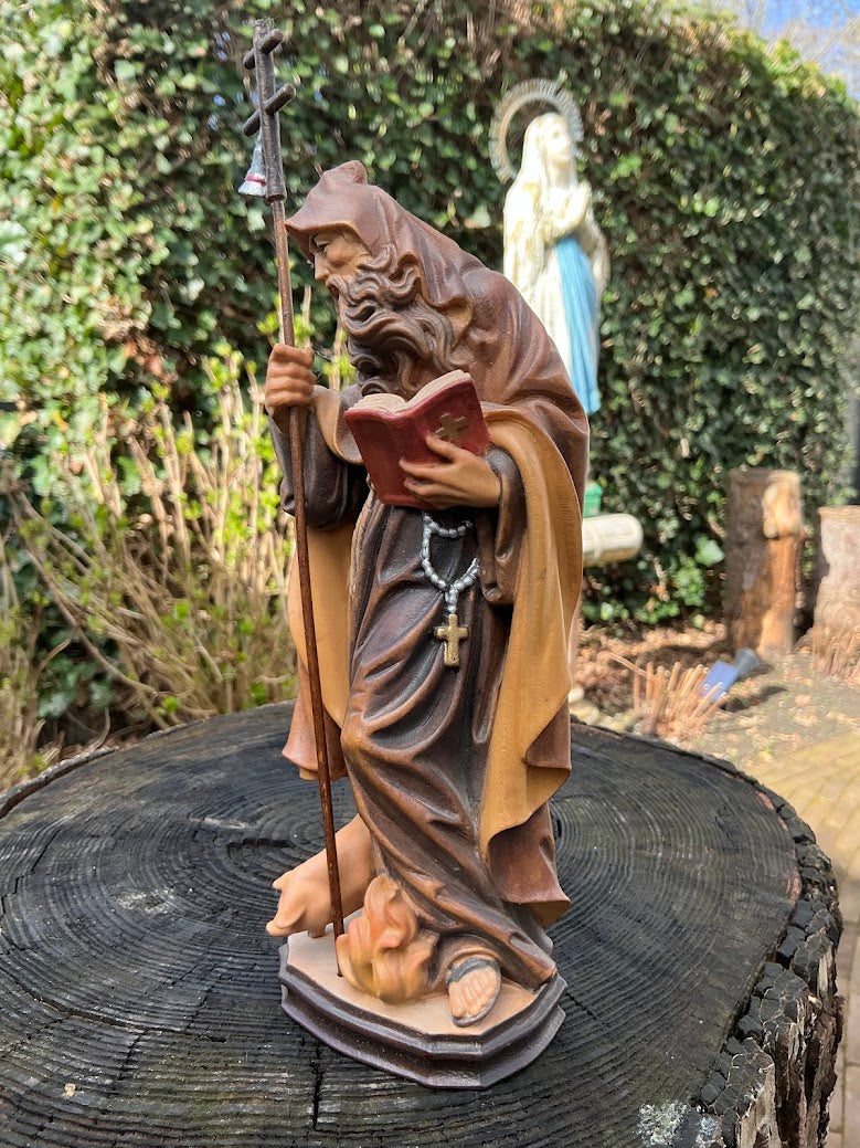 Hand-carved Statue of Saint Anthony Abbot with Pig – Maple Wood – 1970s/80s – Hand-painted Holy Figurine – Religious Woodcarving