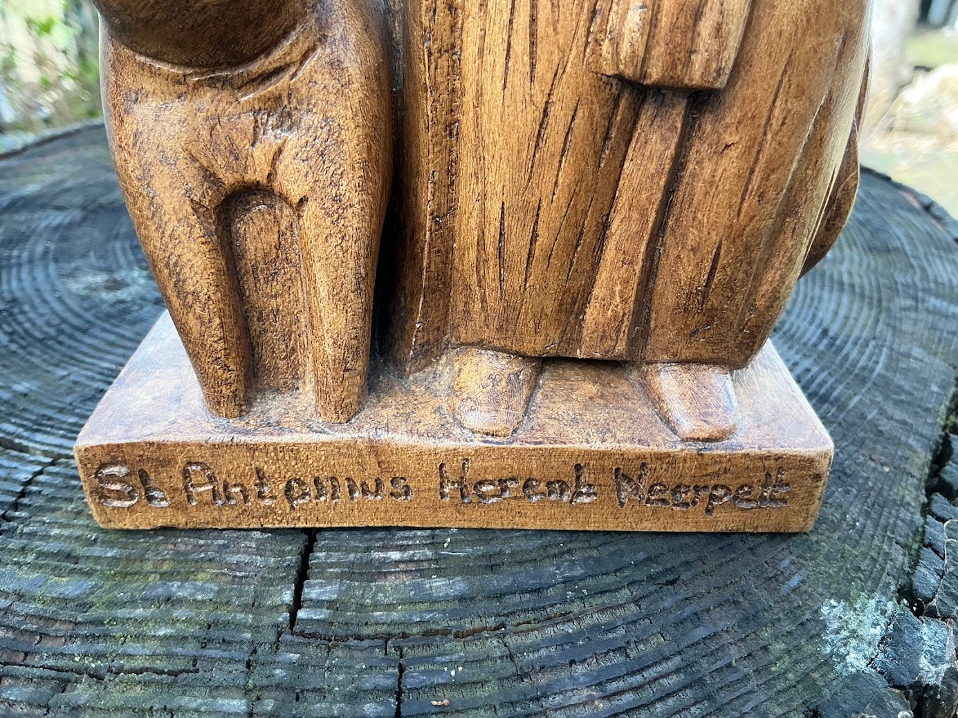 Vintage Houten Beeld Sint-Antonius Abt–Belgisch Heiligenbeeld Jaren 40/50–Handgesneden Religieus Beeld met Varken–Katholiek Verzamelobject