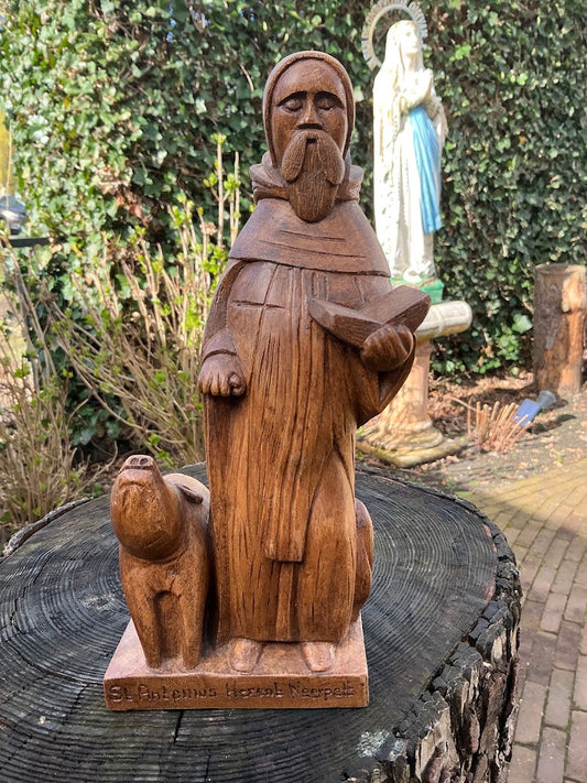 Vintage Wooden Statue Saint Anthony the Abbot–Belgian Saint Statue 1940s/50s–Hand-Carved Religious Statue with Pig–Catholic Collectible