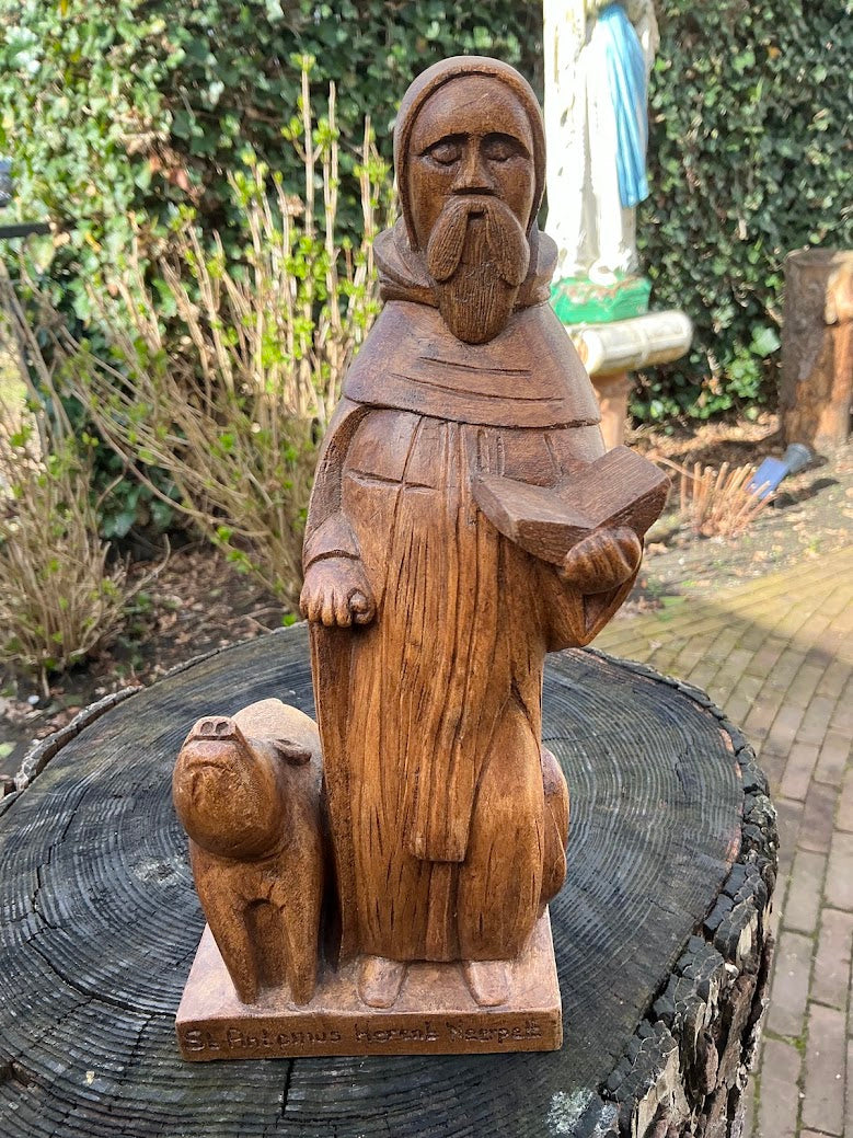 Vintage Houten Beeld Sint-Antonius Abt–Belgisch Heiligenbeeld Jaren 40/50–Handgesneden Religieus Beeld met Varken–Katholiek Verzamelobject