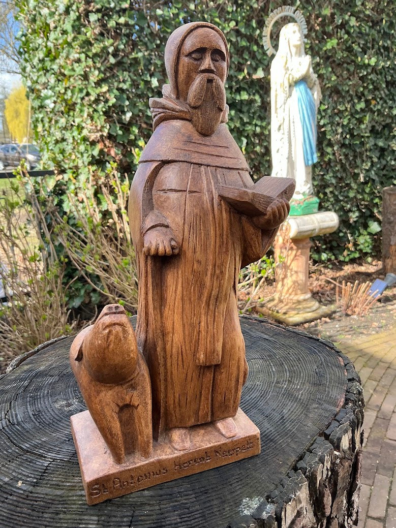 Vintage Houten Beeld Sint-Antonius Abt–Belgisch Heiligenbeeld Jaren 40/50–Handgesneden Religieus Beeld met Varken–Katholiek Verzamelobject