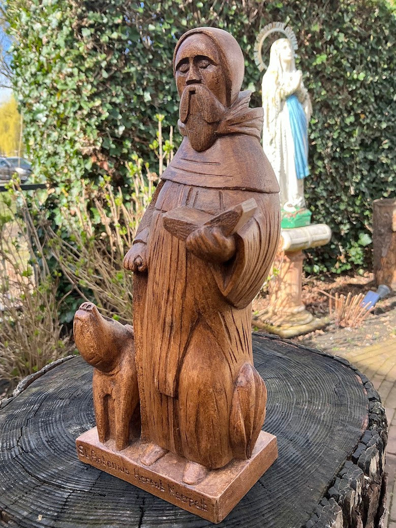 Vintage Houten Beeld Sint-Antonius Abt–Belgisch Heiligenbeeld Jaren 40/50–Handgesneden Religieus Beeld met Varken–Katholiek Verzamelobject