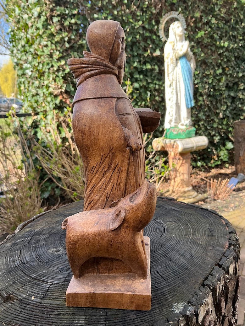 Vintage Houten Beeld Sint-Antonius Abt–Belgisch Heiligenbeeld Jaren 40/50–Handgesneden Religieus Beeld met Varken–Katholiek Verzamelobject