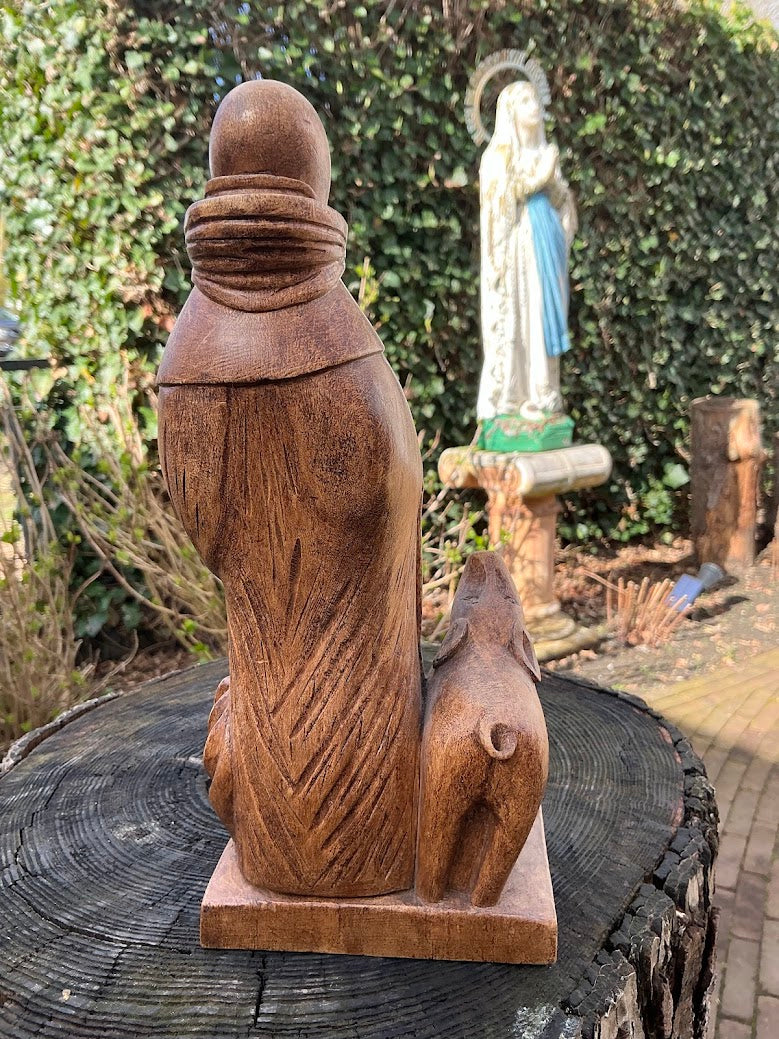 Vintage Houten Beeld Sint-Antonius Abt–Belgisch Heiligenbeeld Jaren 40/50–Handgesneden Religieus Beeld met Varken–Katholiek Verzamelobject