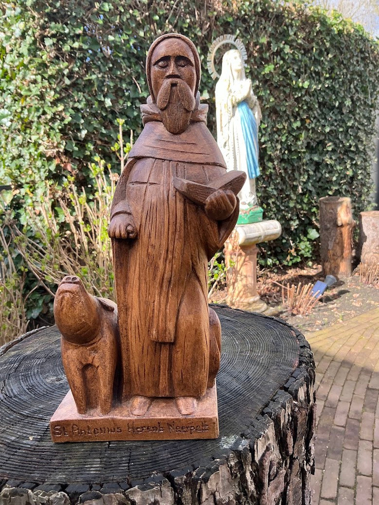 Vintage Houten Beeld Sint-Antonius Abt–Belgisch Heiligenbeeld Jaren 40/50–Handgesneden Religieus Beeld met Varken–Katholiek Verzamelobject