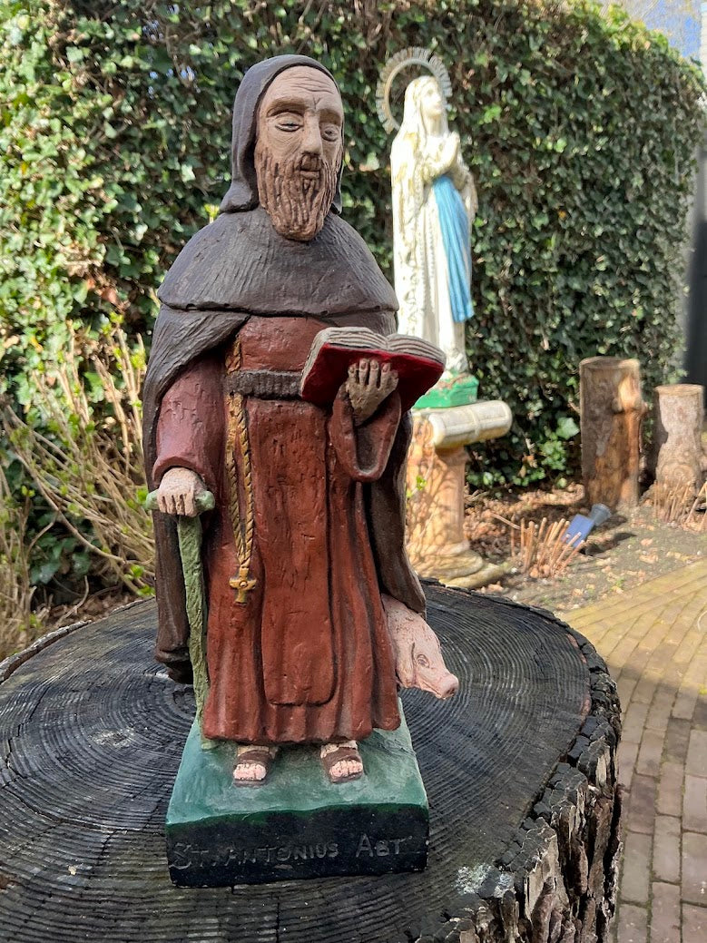 Stenen Beeld Sint-Antonius Abt met Varken – Schutt St. Anthonius Tegelen – Zwaar Heiligenbeeld – Binnen/Buiten – Katholiek Religieus Decor