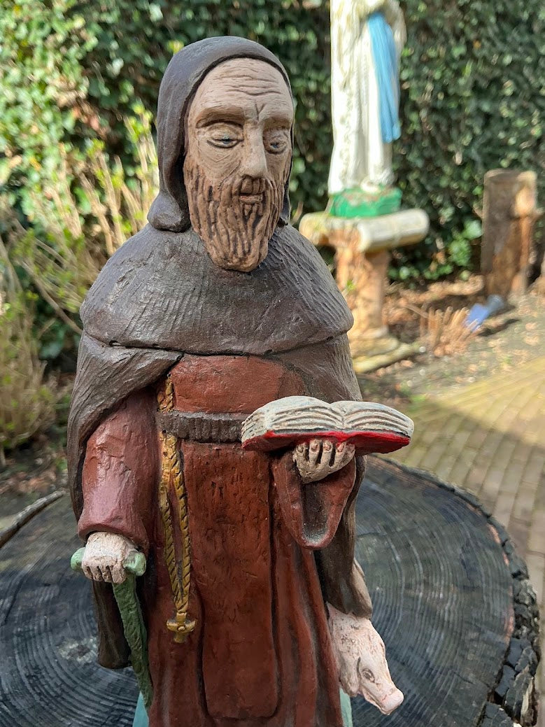 Stenen Beeld Sint-Antonius Abt met Varken – Schutt St. Anthonius Tegelen – Zwaar Heiligenbeeld – Binnen/Buiten – Katholiek Religieus Decor