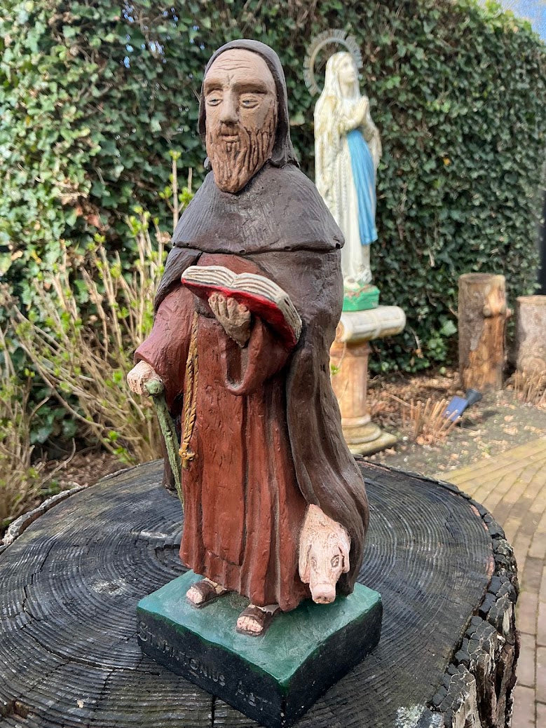 Stenen Beeld Sint-Antonius Abt met Varken – Schutt St. Anthonius Tegelen – Zwaar Heiligenbeeld – Binnen/Buiten – Katholiek Religieus Decor