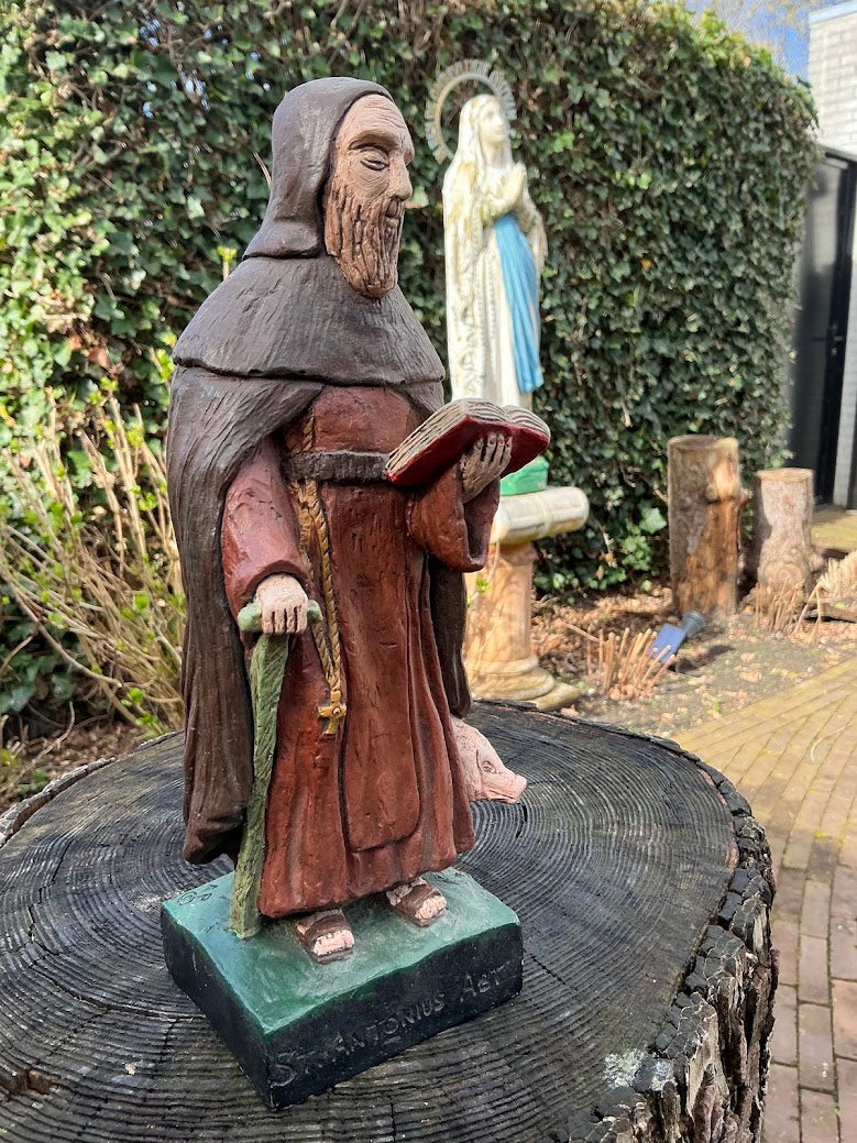 Stenen Beeld Sint-Antonius Abt met Varken – Schutt St. Anthonius Tegelen – Zwaar Heiligenbeeld – Binnen/Buiten – Katholiek Religieus Decor