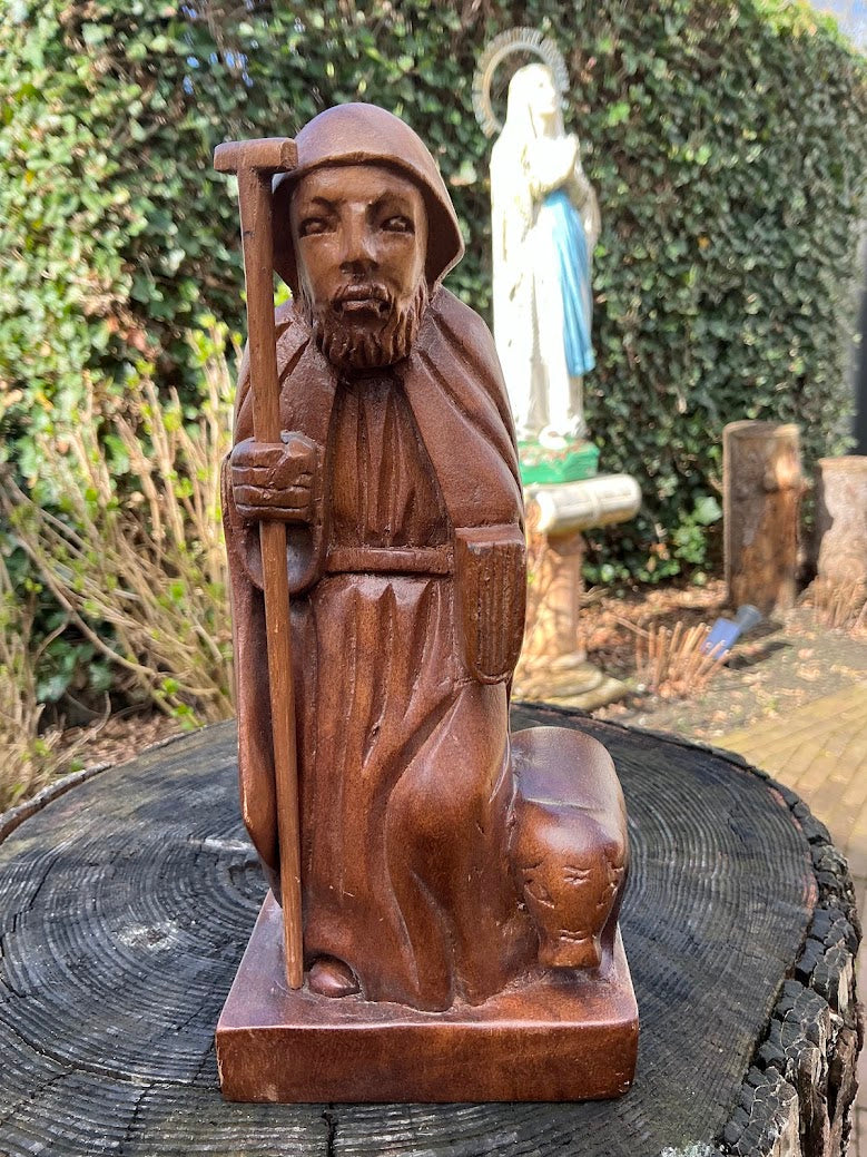Antiek Houten Beeld Sint-Antonius Abt met Varken – Jaren 30/50 – Handgesneden Religieus Beeld – Katholiek Heiligenbeeld – Vintage Devotie