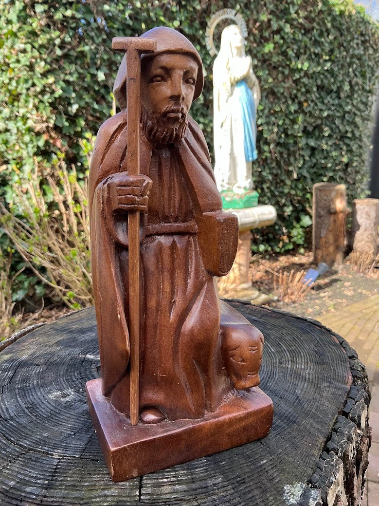 Antiek Houten Beeld Sint-Antonius Abt met Varken – Jaren 30/50 – Handgesneden Religieus Beeld – Katholiek Heiligenbeeld – Vintage Devotie