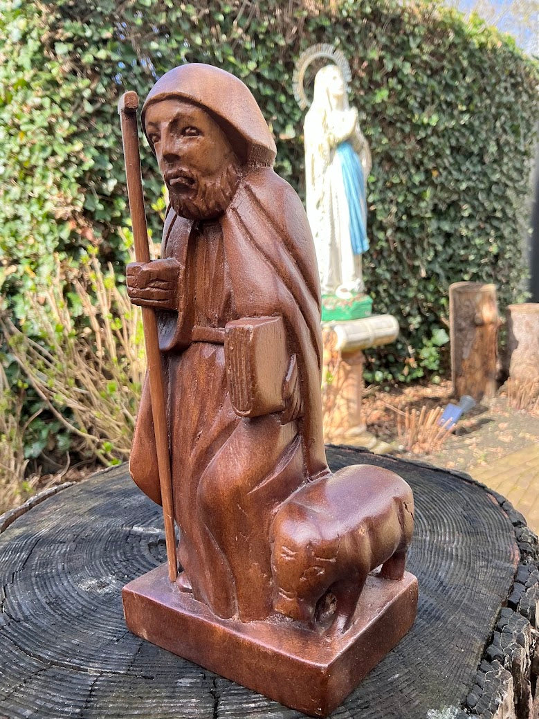 Antiek Houten Beeld Sint-Antonius Abt met Varken – Jaren 30/50 – Handgesneden Religieus Beeld – Katholiek Heiligenbeeld – Vintage Devotie
