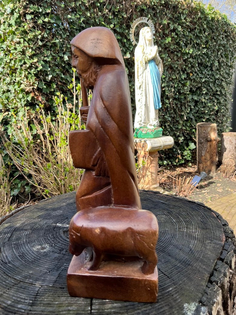 Antiek Houten Beeld Sint-Antonius Abt met Varken – Jaren 30/50 – Handgesneden Religieus Beeld – Katholiek Heiligenbeeld – Vintage Devotie