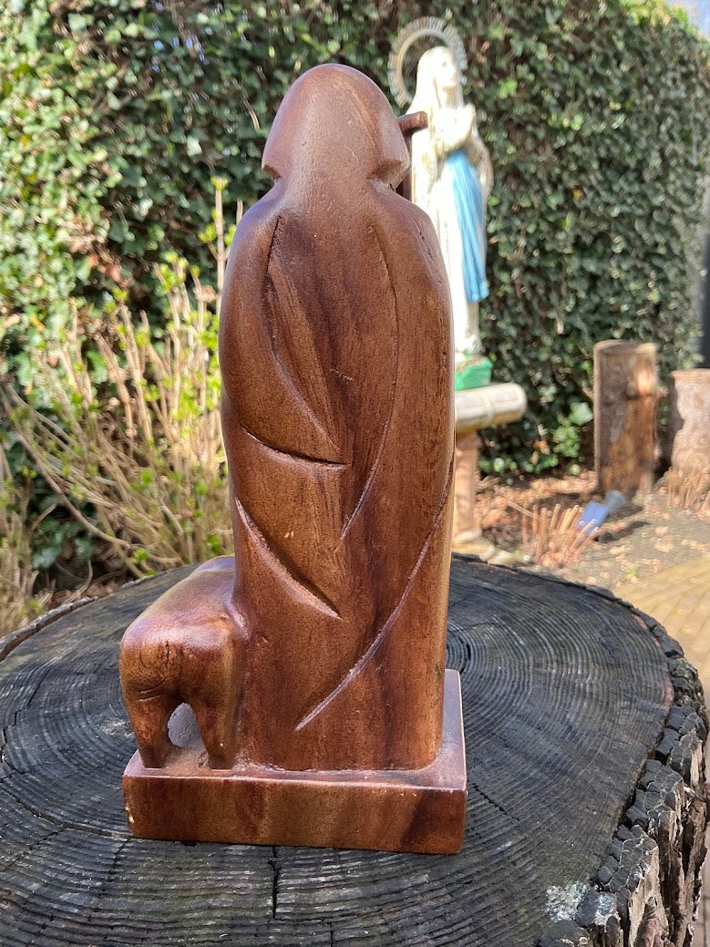 Antiek Houten Beeld Sint-Antonius Abt met Varken – Jaren 30/50 – Handgesneden Religieus Beeld – Katholiek Heiligenbeeld – Vintage Devotie