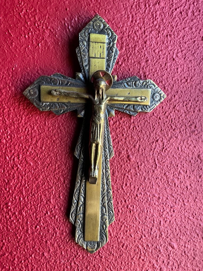 Antiek Bronzen Kruisbeeld 1800 | INRI Jezus Corpus 21cm | Religieus Historisch Kunstwerk