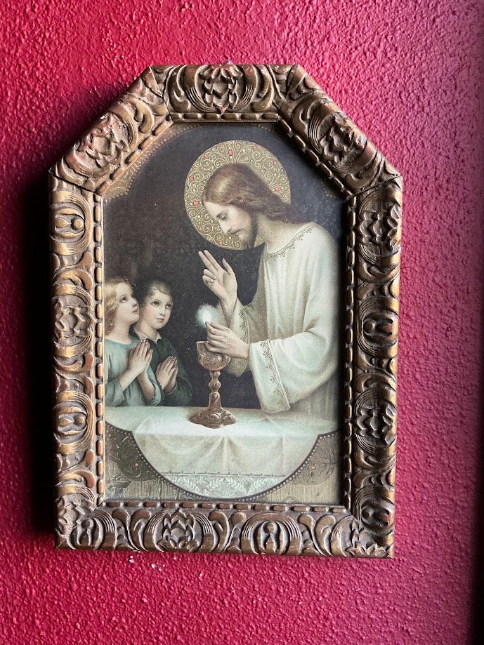 Antieke Religieuze Prent ingelijst H. Communie