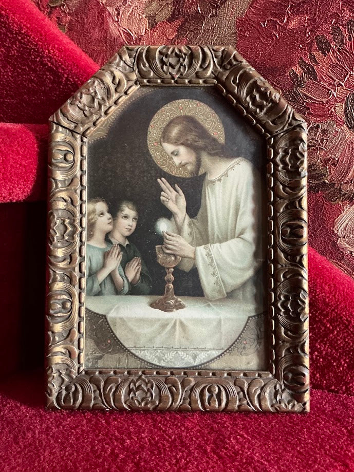 Antieke Religieuze Prent ingelijst H. Communie