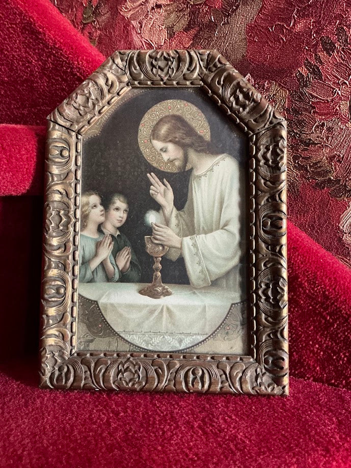 Antieke Religieuze Prent ingelijst H. Communie