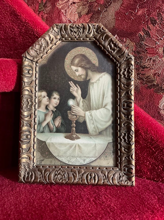 Antieke Religieuze Prent ingelijst H. Communie