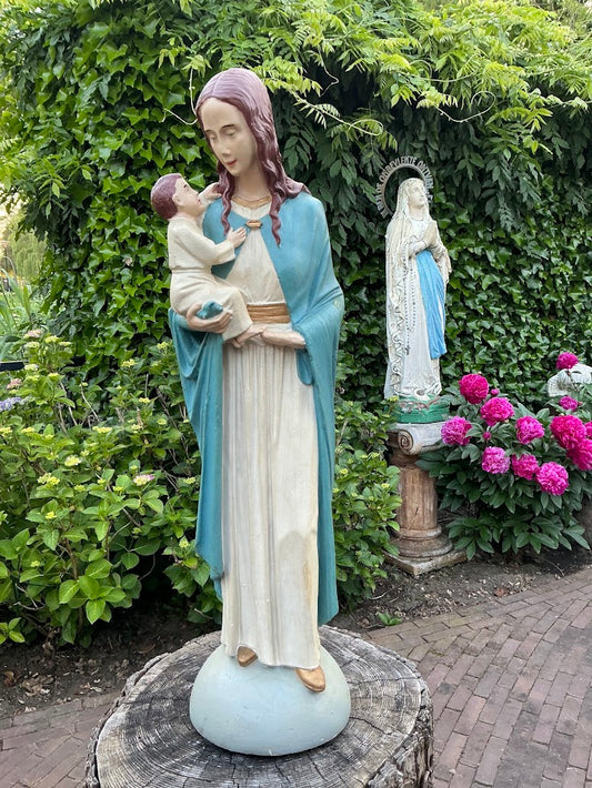 Antique statue of Mary with baby Jesus – 1920s/30s – large plaster statue – signed – Catholic religious heirloom