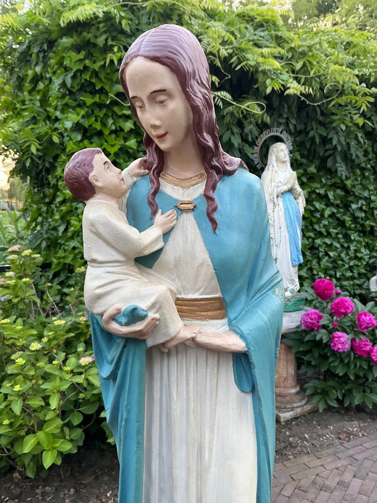 Antique statue of Mary with baby Jesus – 1920s/30s – large plaster statue – signed – Catholic religious heirloom
