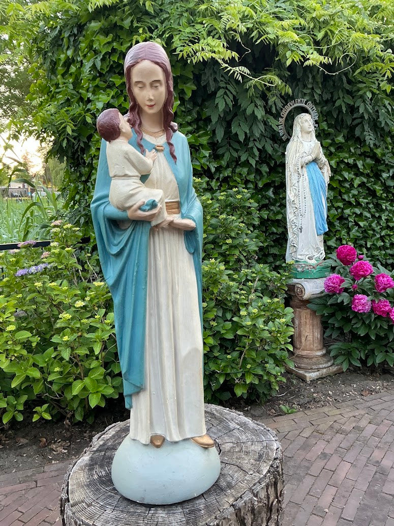 Antique statue of Mary with baby Jesus – 1920s/30s – large plaster statue – signed – Catholic religious heirloom