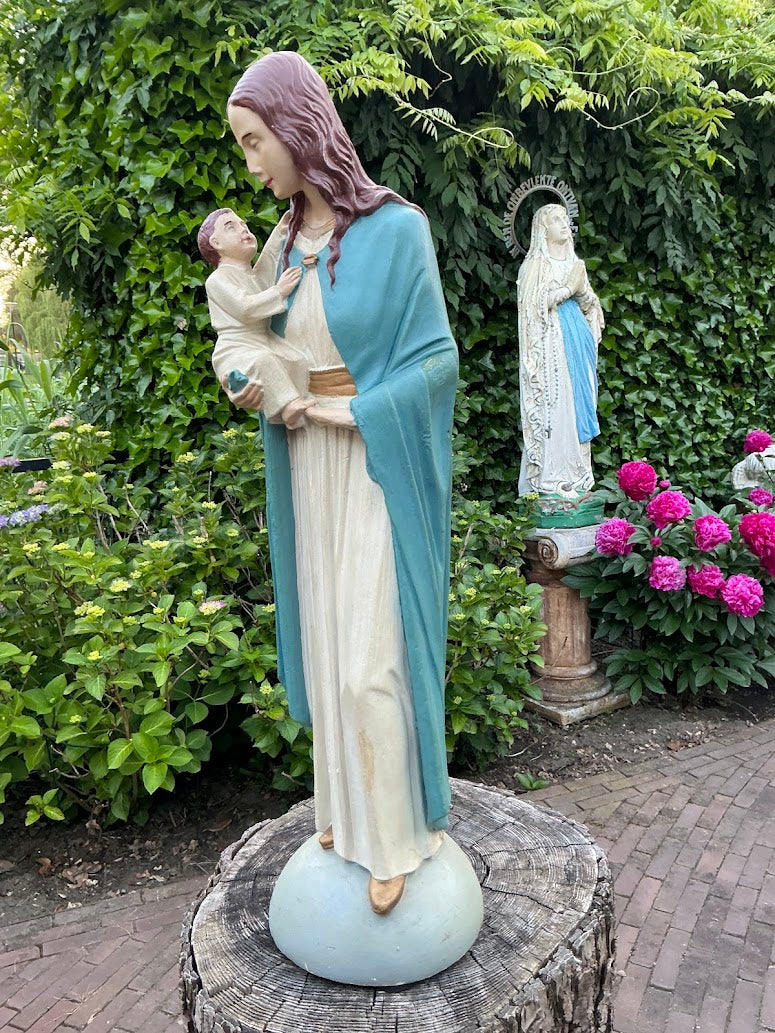 Antique statue of Mary with baby Jesus – 1920s/30s – large plaster statue – signed – Catholic religious heirloom