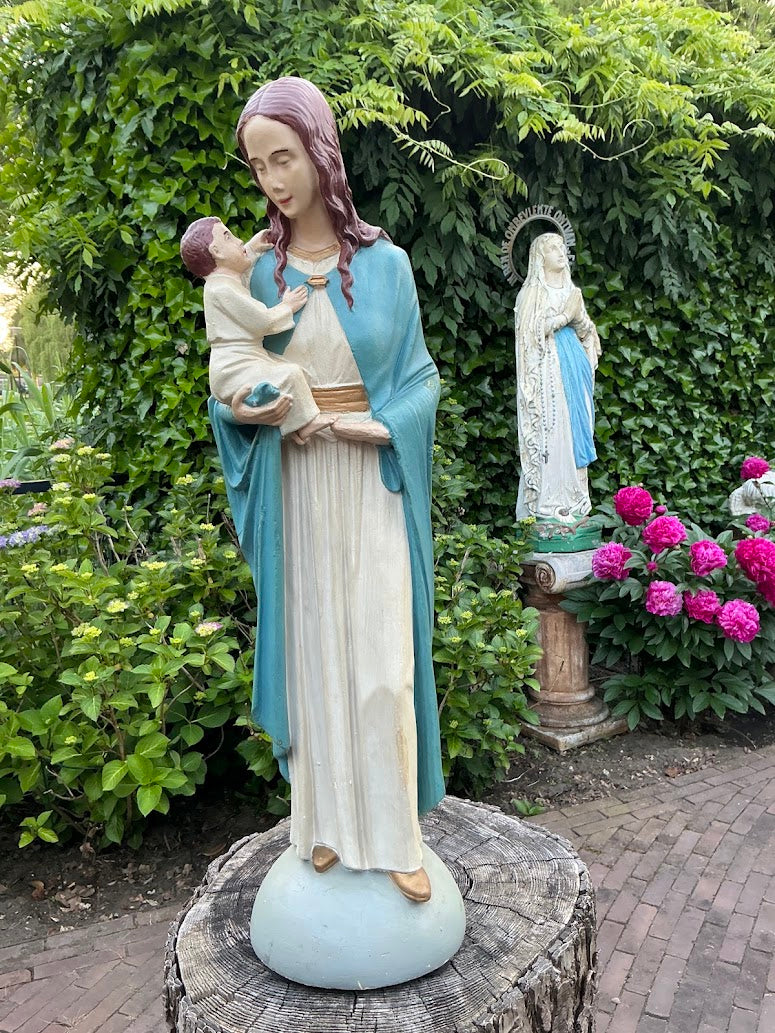 Antique statue of Mary with baby Jesus – 1920s/30s – large plaster statue – signed – Catholic religious heirloom