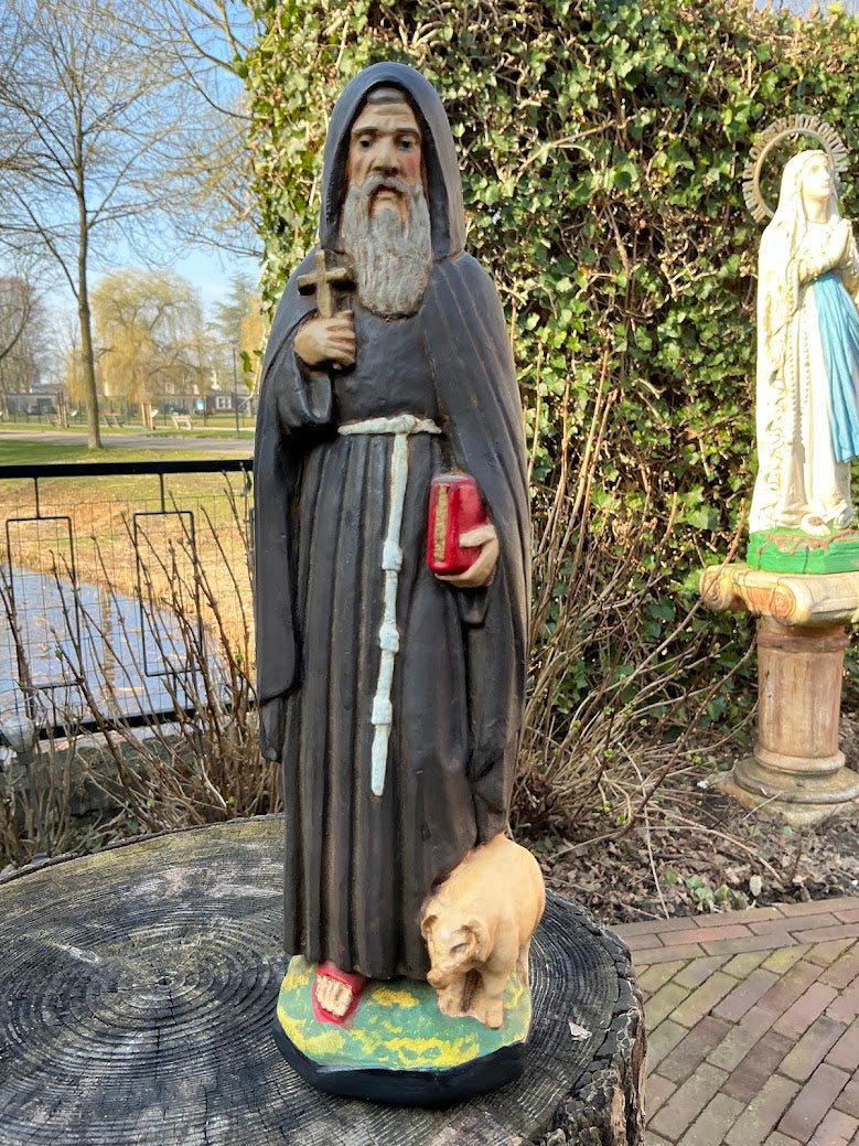 Antiek Frans heilige beeld St Anthonius abt met varken
