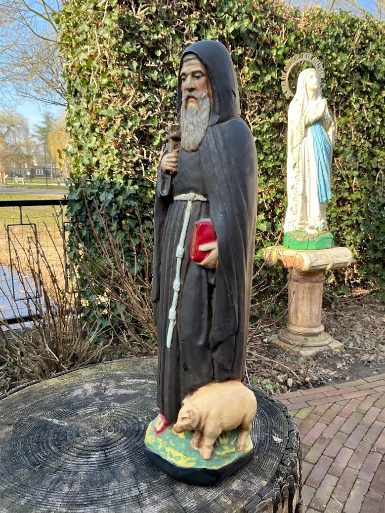 Antiek Frans heilige beeld St Anthonius abt met varken