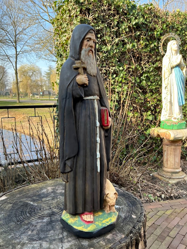Antiek Frans heilige beeld St Anthonius abt met varken