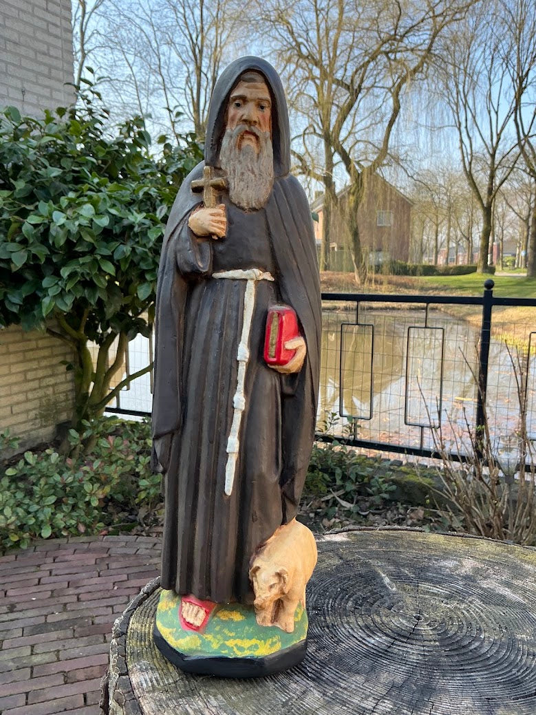 Antiek Frans heilige beeld St Anthonius abt met varken