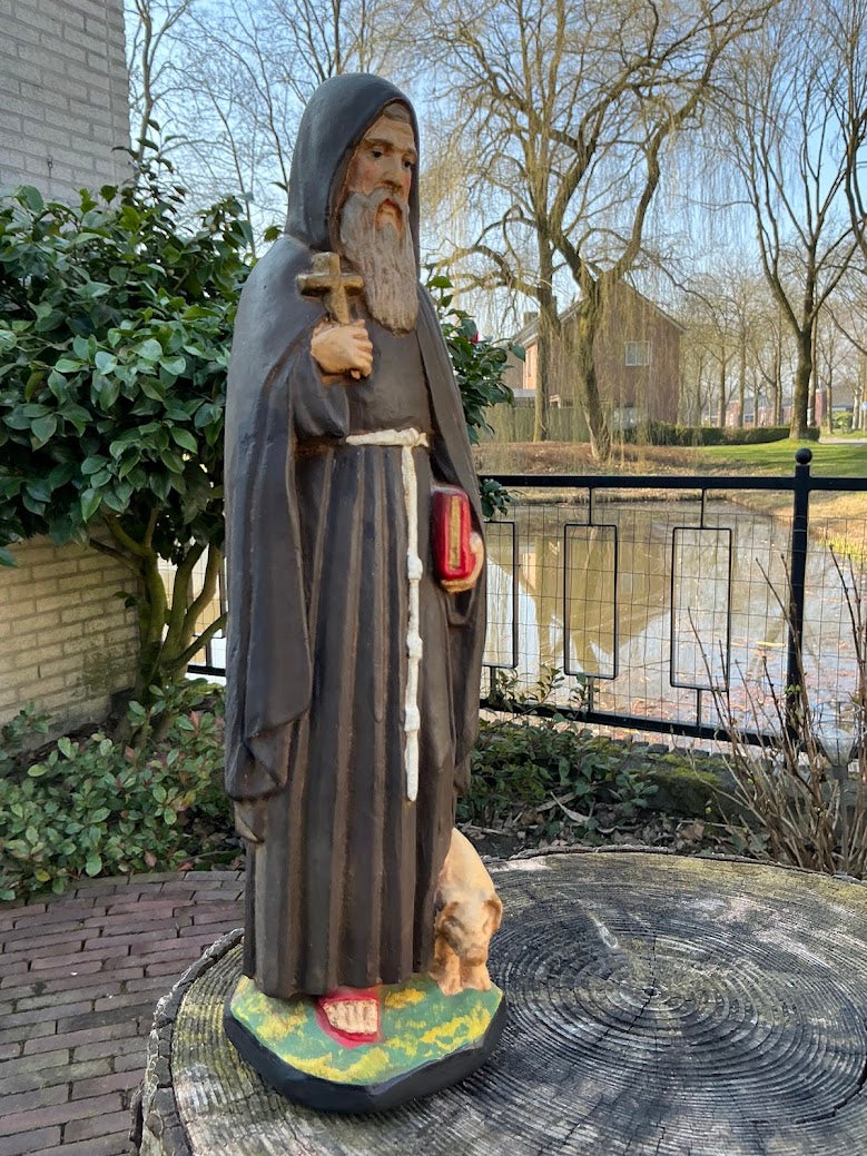 Antiek Frans heilige beeld St Anthonius abt met varken