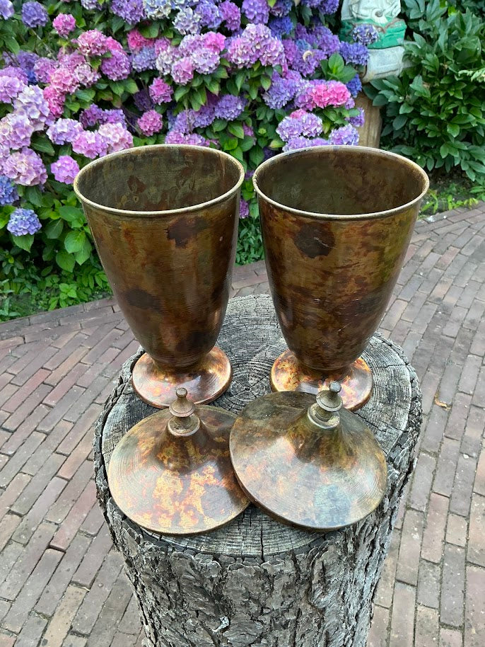 Vintage Messing/Koperen Urnen Tempel Potten met Deksel