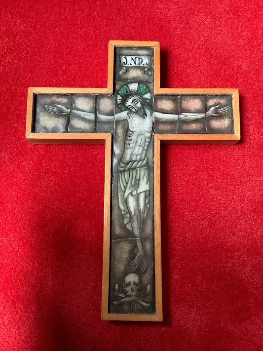 Prachtig Opaline gebrandschilderd kruis Jezus INRI
