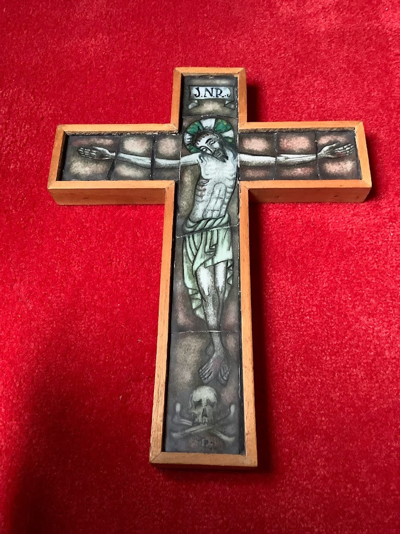 Prachtig Opaline gebrandschilderd kruis Jezus INRI