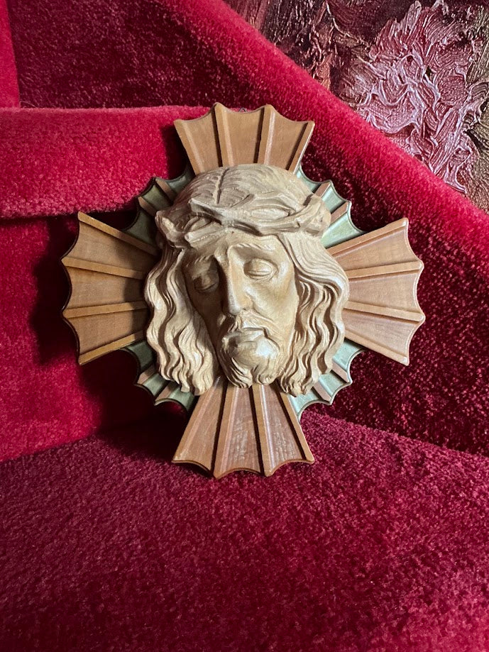 Religie oud houten wandreliëf Jezus met doornenkroon