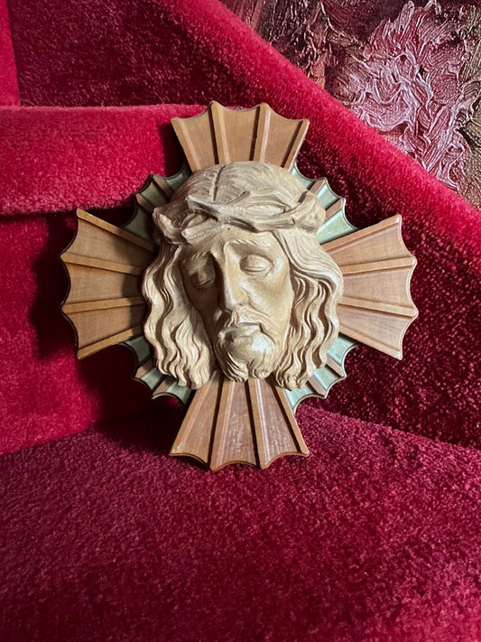 Religion old wooden wall relief Jesus with crown of thorns